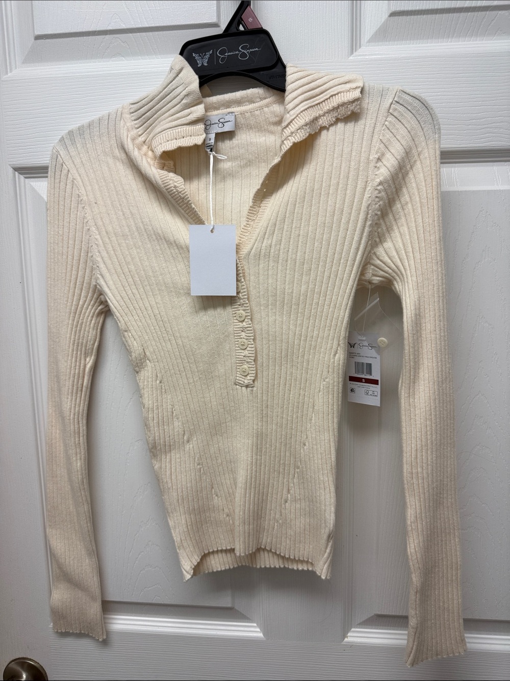 Jessica Simpson Cream Ribbed Long Sleeve Henley Sweater Top